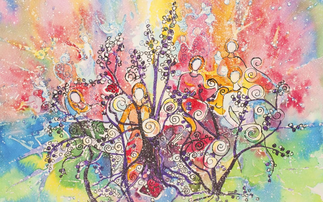 Watercolor and ink expressionist painting on paper of a group of women sharing their wisdom and experience in the foreground and ethereal background.