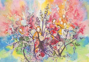 Watercolor and ink expressionist painting on paper of a group of women sharing their wisdom and experience in the foreground and ethereal background.